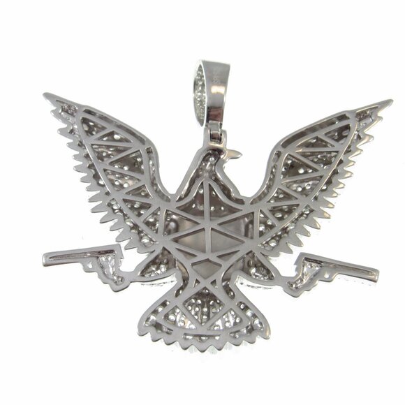 Solid 925 Sterling Silver Iced Out Rhodium Plated Patriotic Eagle & Flag Pendant - Picture 9 of 9